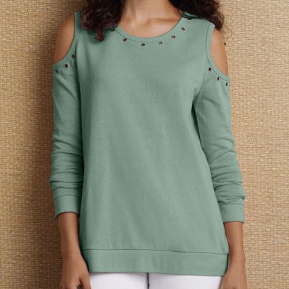 Soft Surroundings Sz L Milano Top Granite Green - Cold Shoulder, Grommets